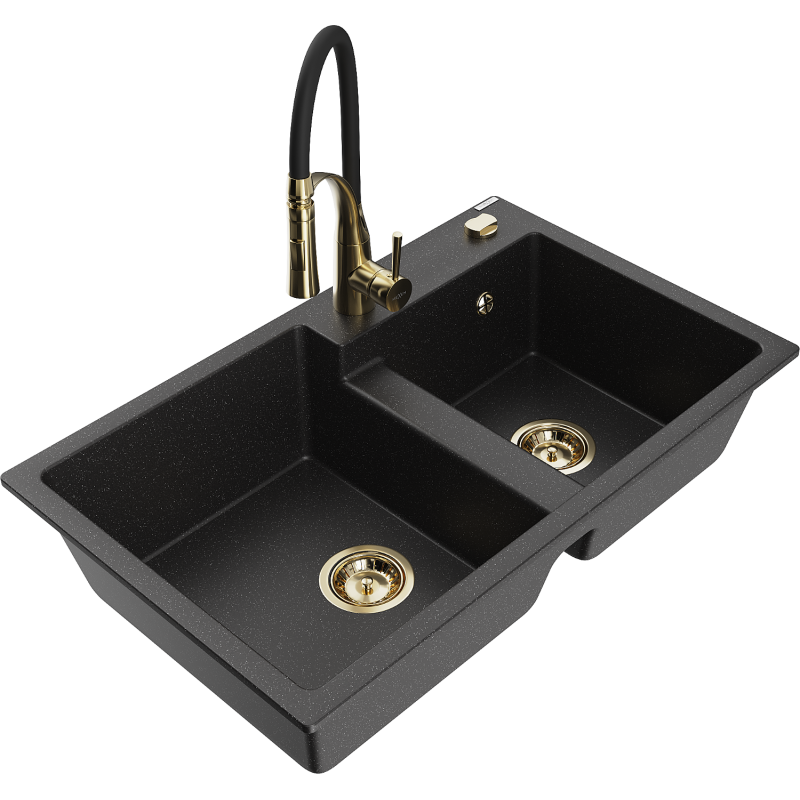 Mexen Tomas 2-Kammer Granitspüle mit Küchenarmatur Aster, schwarz/silber metallic - 6516-73-73450-57-G