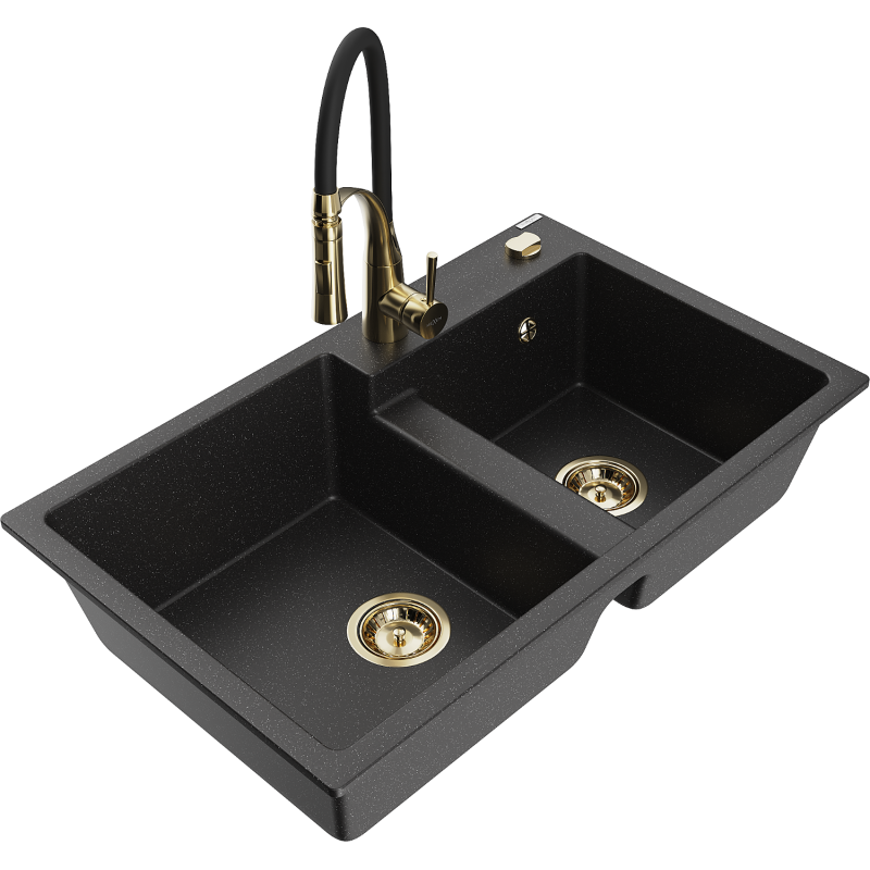 Mexen Tomas granite sink 2-bowl with Aster kitchen tap, black/silver metallic - 6516-73-73450-57-G