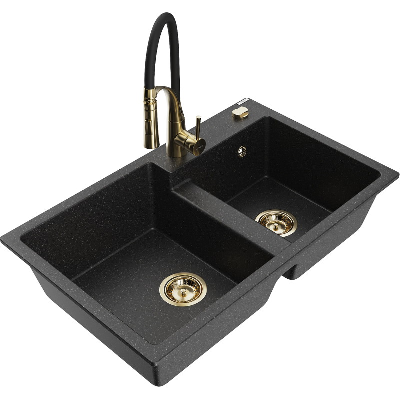 Mexen Tomas Granitspüle, 2-Kammer, mit Küchenarmatur Aster, schwarz/silber metallic - 6516-73-73450-57-G