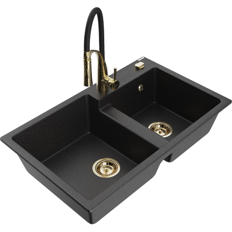 Mexen Tomas 2-Kammer Granitspüle mit Küchenarmatur Aster, schwarz/silber metallic - 6516-73-73450-57-G