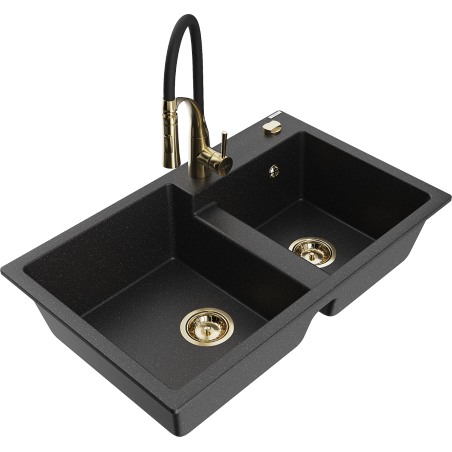 Mexen Tomas granitische dubbele spoelbak met keukenmengkraan Aster, zwart/zilver metallic - 6516-73-73450-57-G