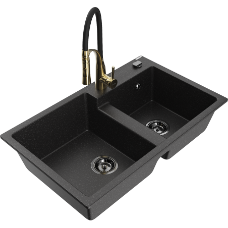 Mexen Tomas 2-Bowl Granite Sink with Aster Kitchen Tap, Black/Silver Metallic - 6516-73-73450-57-B