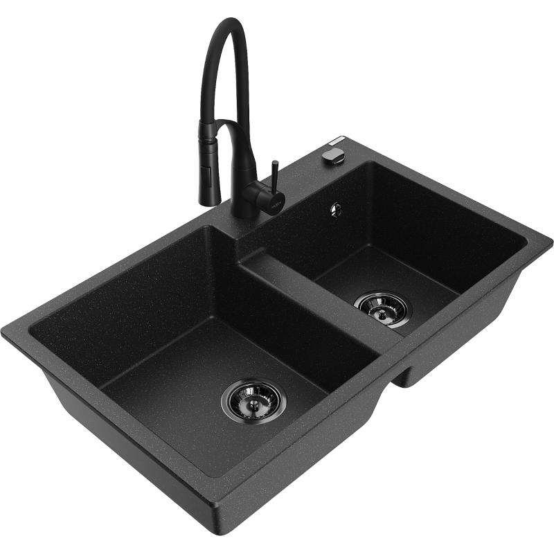 Mexen Tomas Granitspüle 2-Kammern mit Küchenarmatur Aster, Schwarz/Silber Metallic - 6516-73-73450-70-B