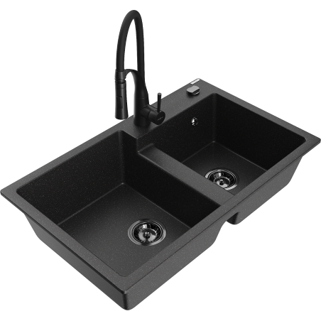 Mexen Tomas granieten spoelbak met 2 kamers en keukenmengkraan Aster, zwart/zilver metallic - 6516-73-73450-70-B