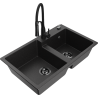 Mexen Tomas granieten spoelbak met 2 kamers en keukenmengkraan Aster, zwart/zilver metallic - 6516-73-73450-70-B