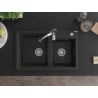 Mexen Tomas granite sink 2-bowl with Aster kitchen tap, black/gold metallic - 6516-75-73450-07