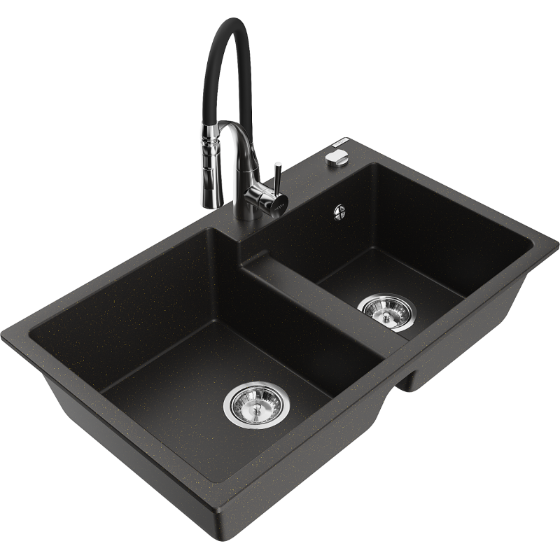 Mexen Tomas fregadero de granito de 2 senos con grifo de cocina Aster, negro/dorado metálico - 6516-75-73450-07