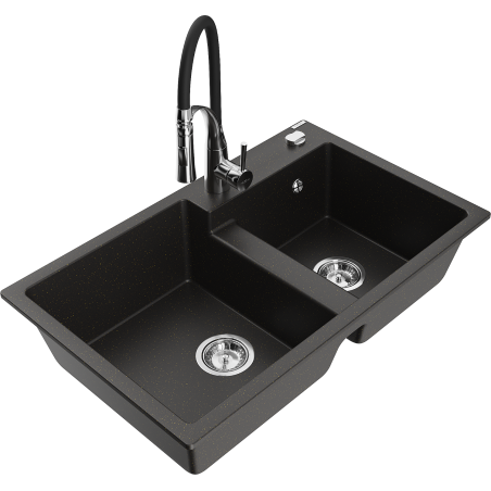 Mexen Tomas granite sink 2-bowl with Aster kitchen tap, black/gold metallic - 6516-75-73450-07