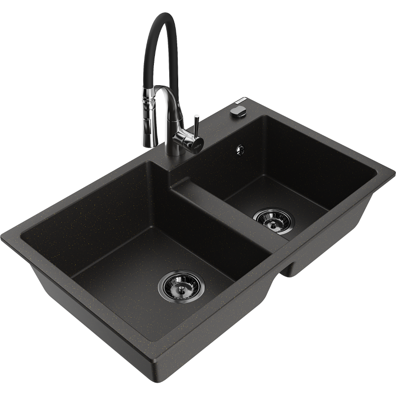Mexen Tomas fregadero de granito de 2 senos con grifo de cocina Aster, negro/oro metálico - 6516-75-73450-07-B
