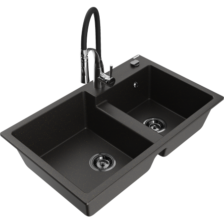 Mexen Tomas 2-bowl granite kitchen sink with Aster tap, black/gold metallic - 6516-75-73450-07-B
