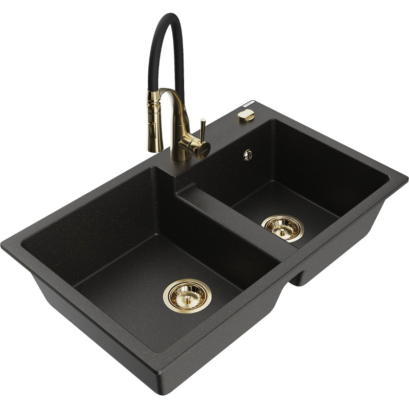 Mexen Tomas 2-komorige granieten gootsteen met keukenkraan Aster, zwart/goud metallic - 6516-75-73450-57-G