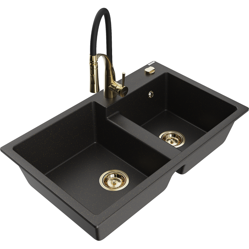 Mexen Tomas lavello da cucina in granito a 2 vasche con miscelatore Aster, nero/oro metallizzato - 6516-75-73450-57-G