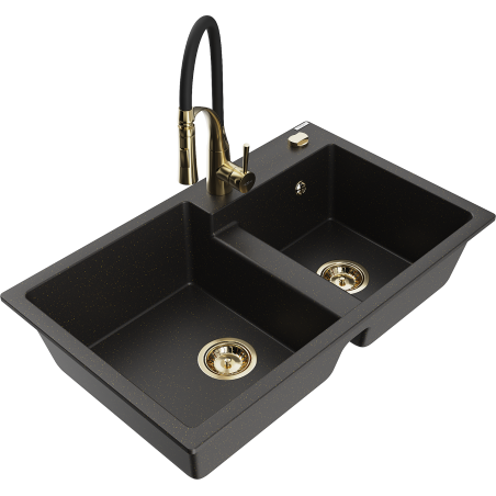 Mexen Tomas granieten spoelbak met 2 kommen en keukenkraan Aster, zwart/goud metallic - 6516-75-73450-57-G
