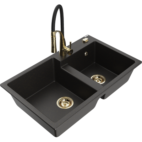 Mexen Tomas Granitspüle 2-becken mit Küchenarmatur Aster, schwarz/gold metallic - 6516-75-73450-57-G
