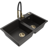 Mexen Tomas fregadero de granito de 2 compartimentos con grifo de cocina Aster, negro/dorado metálico - 6516-75-73450-57-G