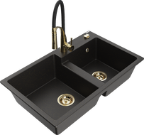 Mexen Tomas lavello da cucina in granito a 2 vasche con miscelatore Aster, nero/oro metallizzato - 6516-75-73450-57-G