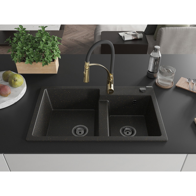 Mexen Tomas Granitspüle 2-fach mit Küchenarmatur Aster, schwarz/gold metallisch - 6516-75-73450-57-B
