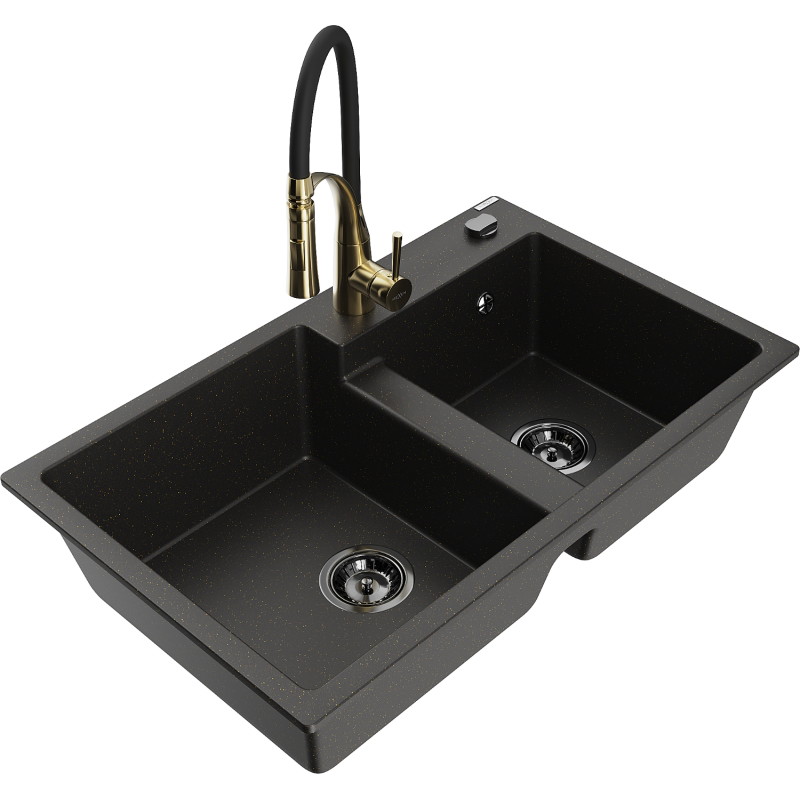 Mexen Tomas fregadero de granito de 2 compartimentos con grifo de cocina Aster, negro/dorado metálico - 6516-75-73450-57-B