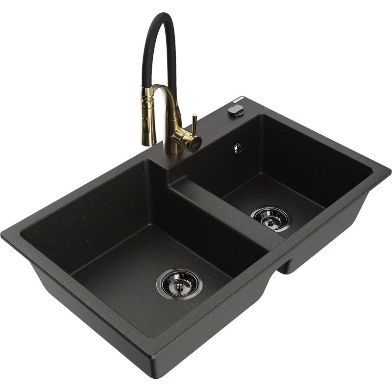 Mexen Tomas granieten gootsteen met 2 spoelbakken en keukenmengkraan Aster, zwart/gouden metallic - 6516-75-73450-57-B