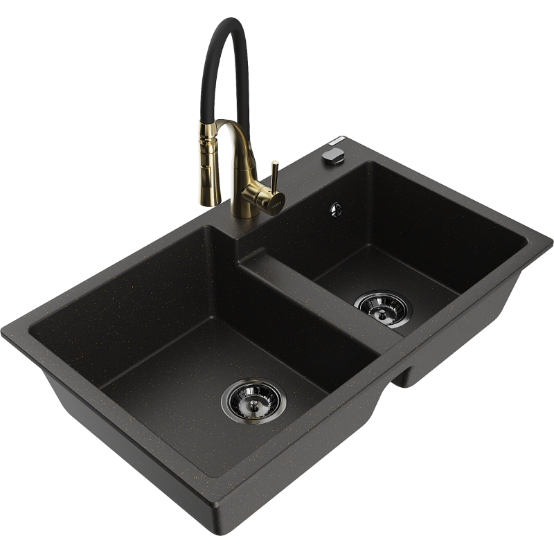 Mexen Tomas lavello da cucina in granito con 2 vasche e miscelatore Aster, nero/oro metallizzato - 6516-75-73450-57-B