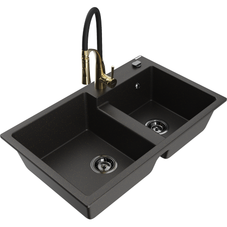 Mexen Tomas granieten gootsteen met 2 spoelbakken en keukenmengkraan Aster, zwart/gouden metallic - 6516-75-73450-57-B
