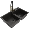 Mexen Tomas granite kitchen sink 2-bowl with Aster kitchen tap, black/gold metallic - 6516-75-73450-57-B