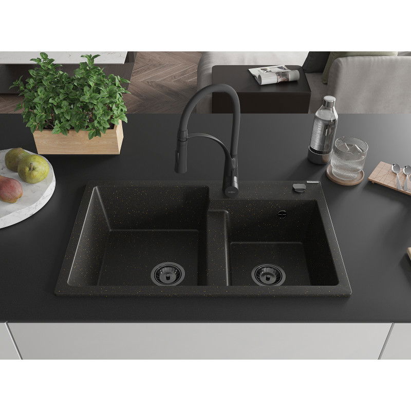Mexen Tomas granieten spoelbak met 2 kamers en keukenmengkraan Aster, zwart/gouden metallic - 6516-75-73450-70-B