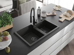 Mexen Tomas granieten spoelbak met 2 kamers en keukenmengkraan Aster, zwart/gouden metallic - 6516-75-73450-70-B