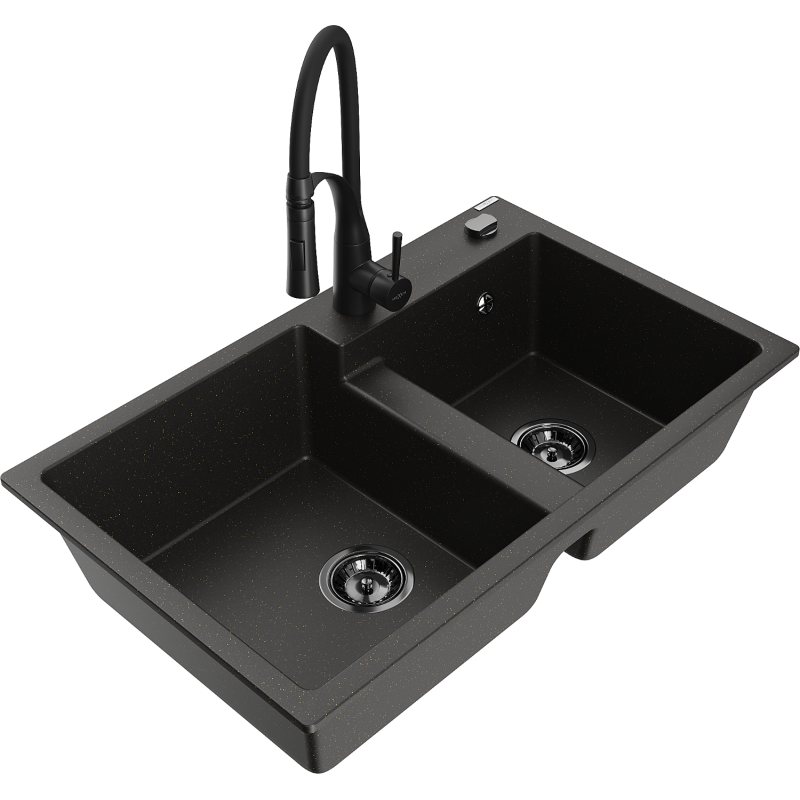 Mexen Tomas lava-loiça de granito 2-cubas com torneira de cozinha Aster, preto/dourado metálico - 6516-75-73450-70-B