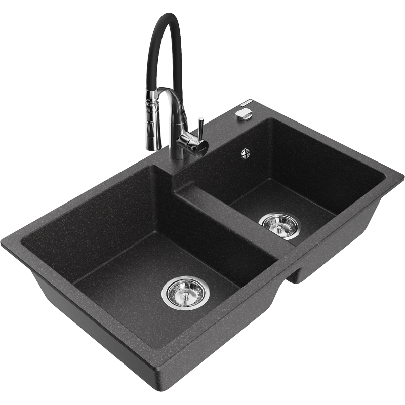 Mexen Tomas fregadero de granito de 2 compartimentos con grifo de cocina Aster, negro moteado - 6516-76-73450-07