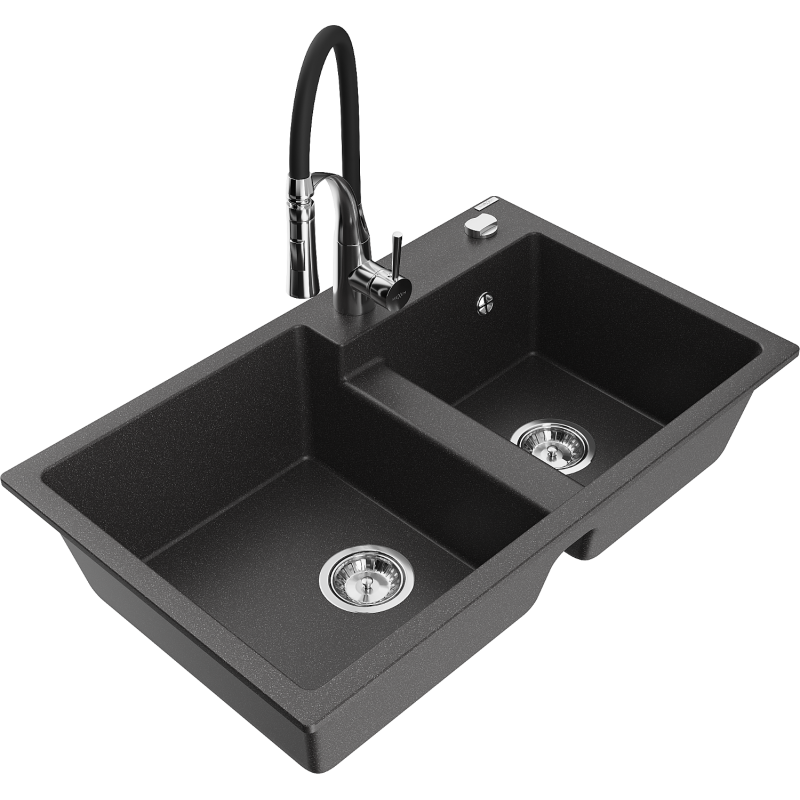 Mexen Tomas granite kitchen sink, 2-bowl with Aster kitchen tap, black flecked - 6516-76-73450-07