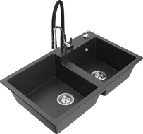 Mexen Tomas granite kitchen sink, 2-bowl with Aster kitchen tap, black flecked - 6516-76-73450-07
