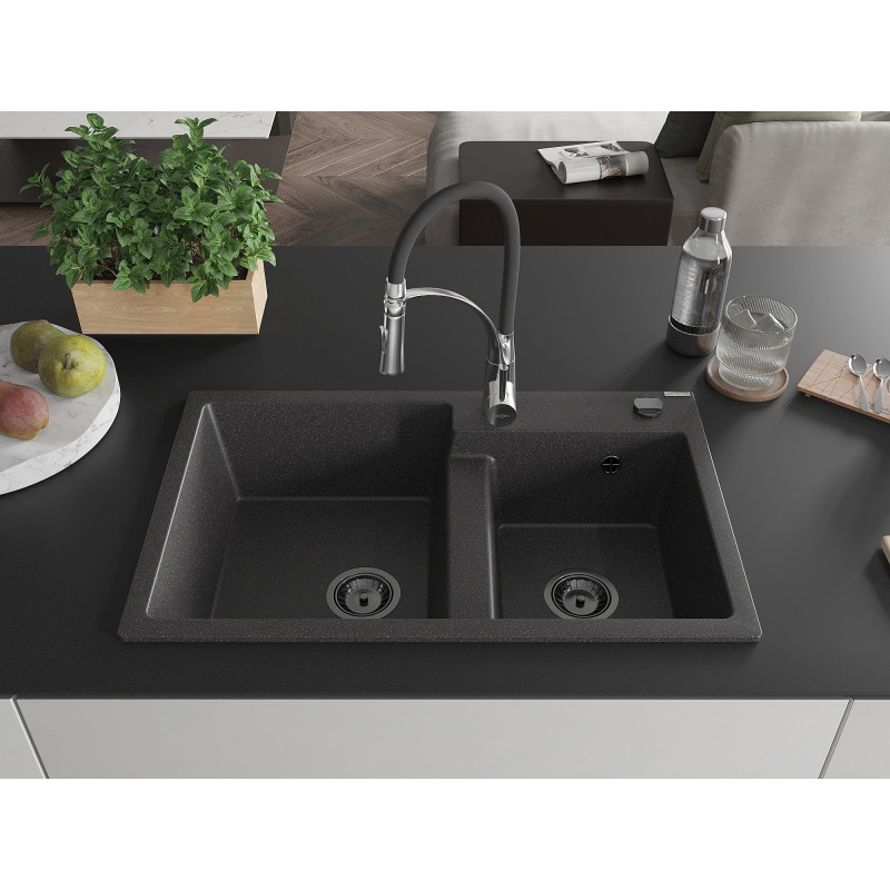 Mexen Tomas fregadero de granito de 2 compartimentos con grifo de cocina Aster, negro moteado - 6516-76-73450-07-B