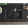 Mexen Tomas granite sink 2-bowl with Aster kitchen tap, black speckled - 6516-76-73450-07-B