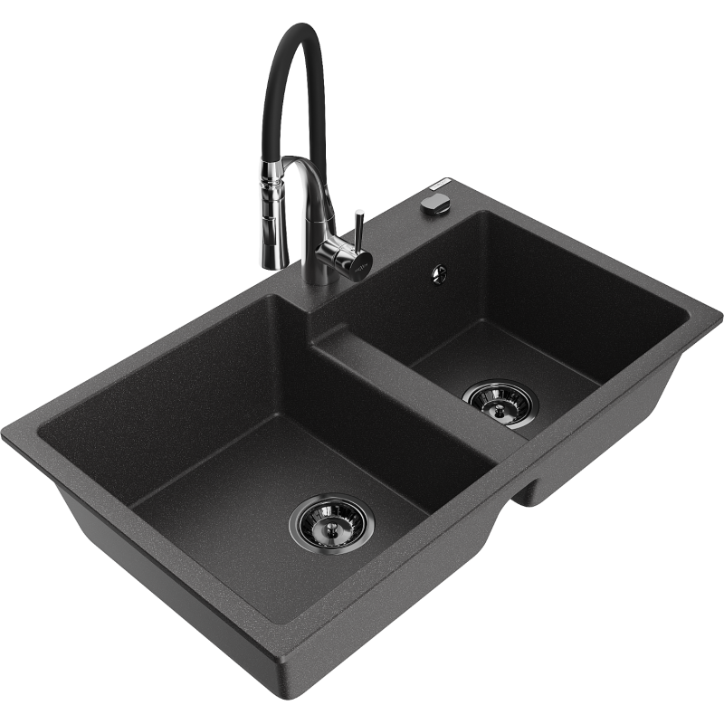 Mexen Tomas fregadero de granito de 2 senos con grifo de cocina Aster, negro moteado - 6516-76-73450-07-B