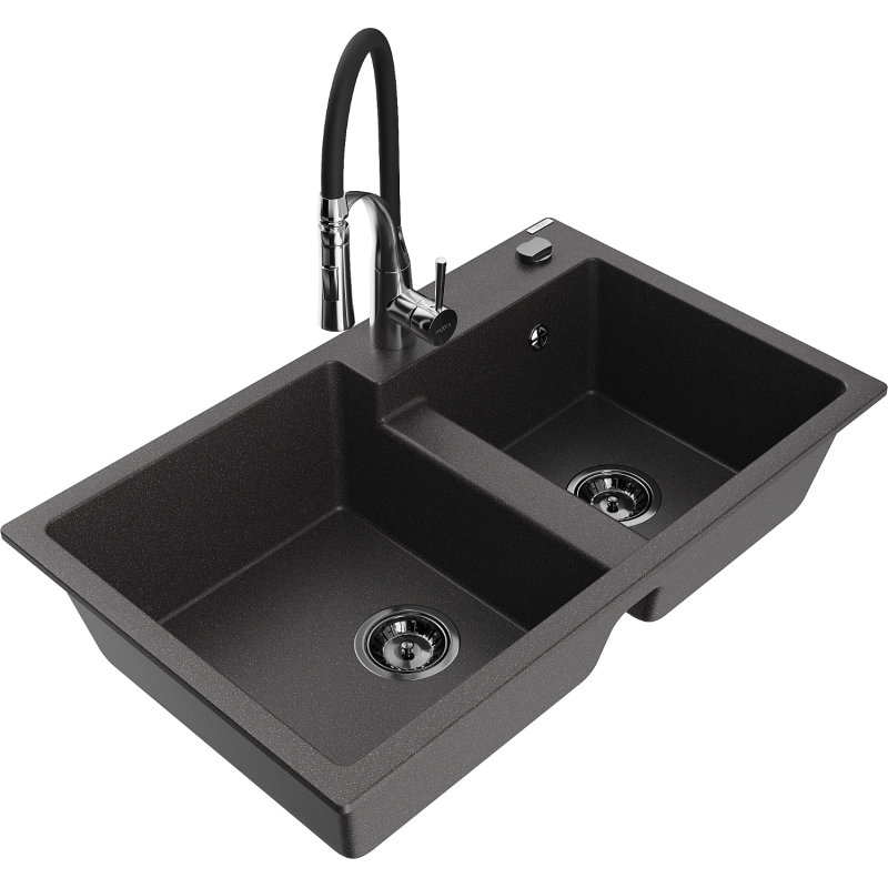 Mexen Tomas granite sink 2-bowl with Aster kitchen tap, black speckled - 6516-76-73450-07-B