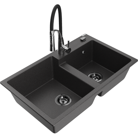 Mexen Tomas fregadero de granito de 2 compartimentos con grifo de cocina Aster, negro moteado - 6516-76-73450-07-B
