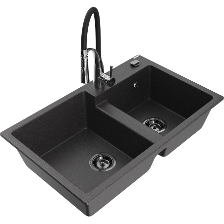 Mexen Tomas granite sink 2-bowl with Aster kitchen tap, black speckled - 6516-76-73450-07-B
