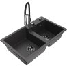 Mexen Tomas granite sink 2-bowl with Aster kitchen tap, black speckled - 6516-76-73450-07-B