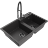 Mexen Tomas zlewozmywak granitowy 2-komorowy z baterią kuchenną Aster, czarny nakrapiany - 6516-76-73450-07-B
