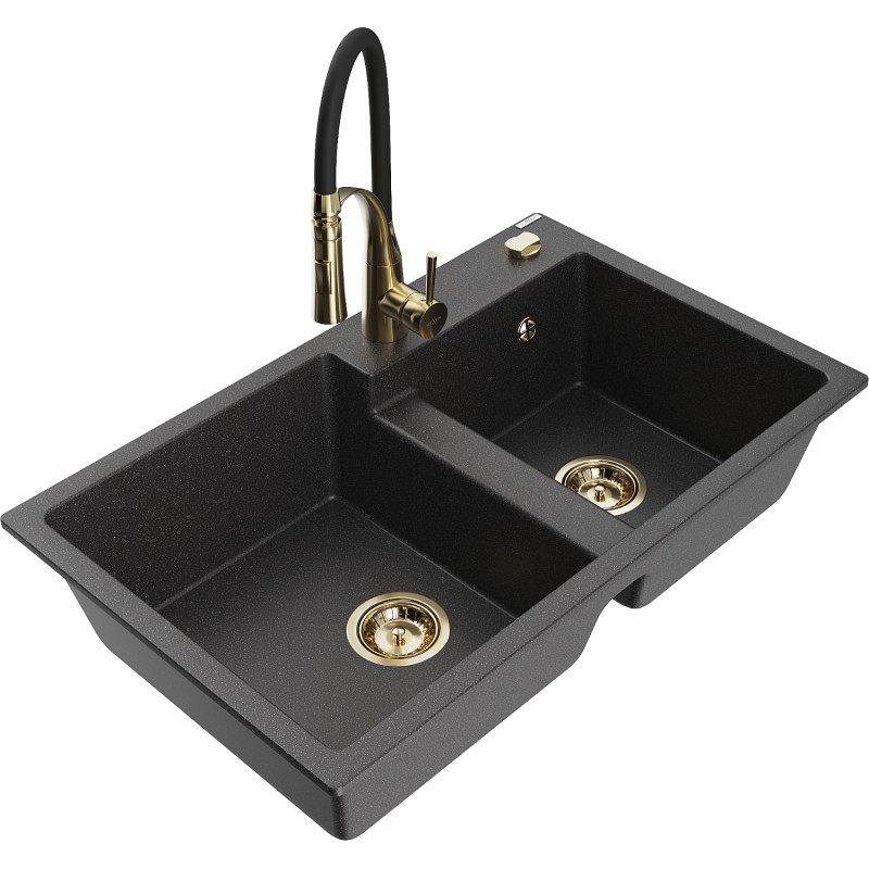 Mexen Tomas fregadero de granito de 2 compartimentos con grifo de cocina Aster, negro moteado - 6516-76-73450-57-G