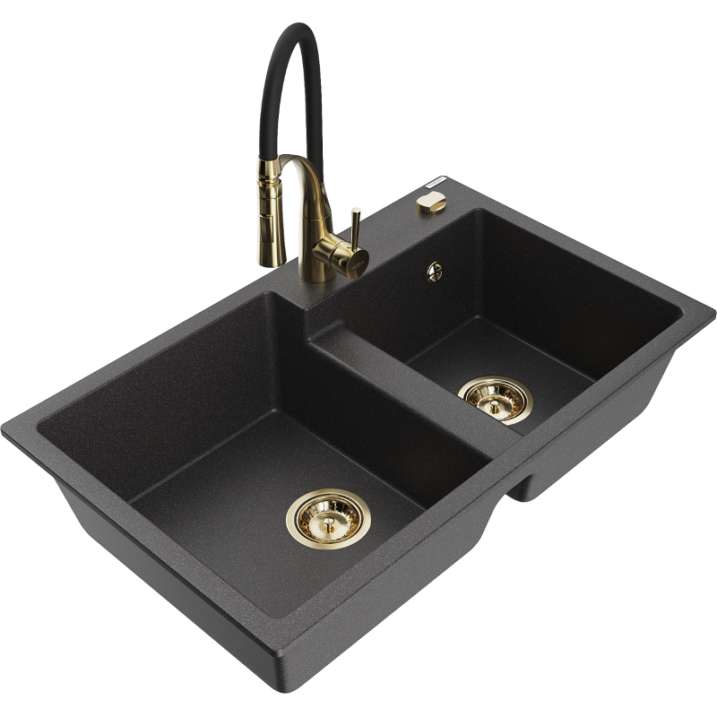 Mexen Tomas granitā izlietne ar divām nodalījumiem un virtuves krānu Aster, melna ar plankumiem - 6516-76-73450-57-G