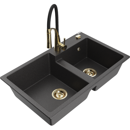 Mexen Tomas granite sink 2-bowl with Aster kitchen tap, black speckled - 6516-76-73450-57-G