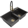 Mexen Tomas granite sink 2-bowl with Aster kitchen tap, black speckled - 6516-76-73450-57-G