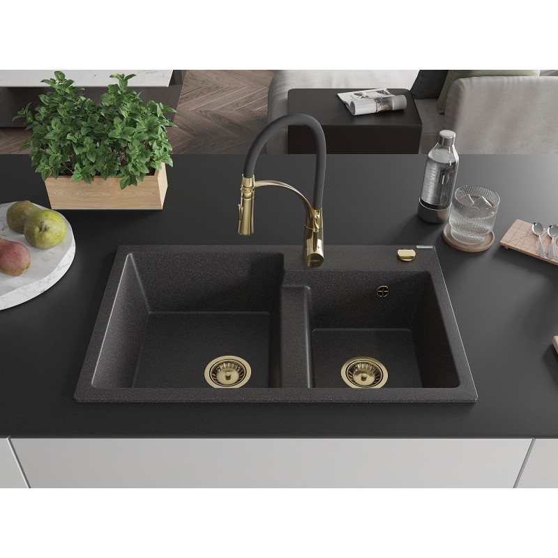 Mexen Tomas fregadero de granito de 2 compartimentos con grifo de cocina Aster, negro salpicado - 6516-76-73450-57-G