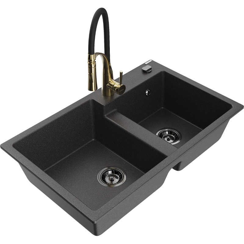 Mexen Tomas granite kitchen sink 2-bowl with Aster tap, black speckled - 6516-76-73450-57-B