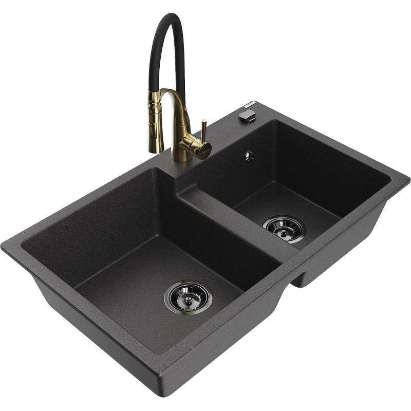 Mexen Tomas lavello da cucina in granito a 2 vasche con rubinetto Aster, nero punteggiato - 6516-76-73450-57-B