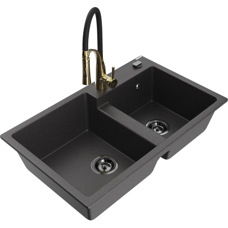 Mexen Tomas évier en granit à 2 bacs avec mitigeur de cuisine Aster, noir moucheté - 6516-76-73450-57-B