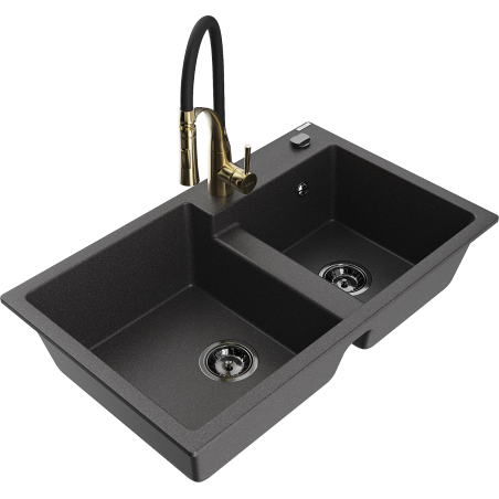 Mexen Tomas fregadero de granito de 2 compartimentos con grifo de cocina Aster, negro moteado - 6516-76-73450-57-B