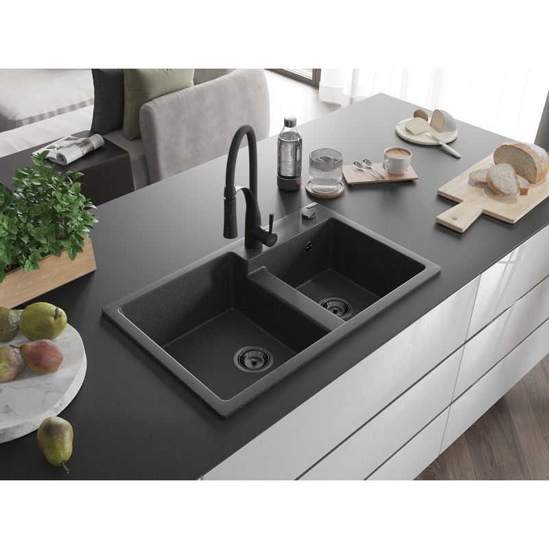Mexen Tomas fregadero de granito de 2 senos con grifo de cocina Aster, negro moteado - 6516-76-73450-70-B